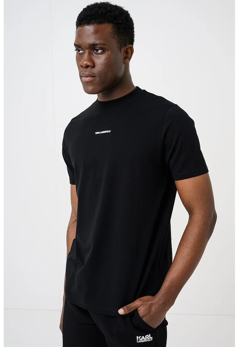 Tricou din amestec de bumbac cu imprimeu tropical pe partea din spate, Negru