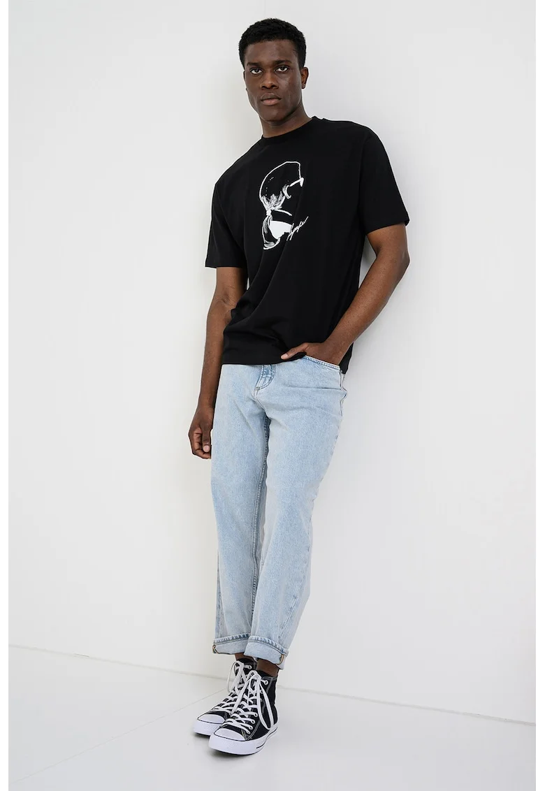 Tricou cu decolteu la baza gatului si imprimeu logo, Negru/Alb murdar