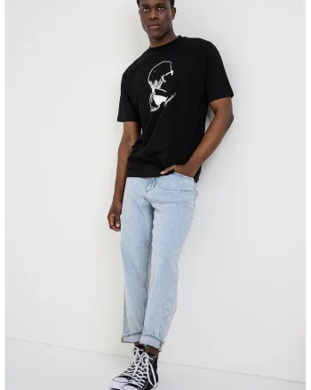 Tricou cu decolteu la baza gatului si imprimeu logo, Negru/Alb murdar