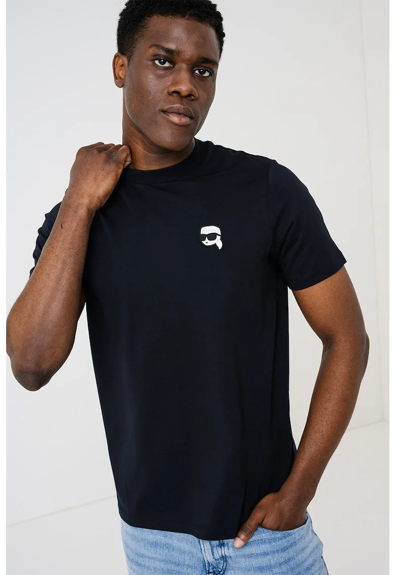 Tricou de bumbac cu monograma discreta, Negru