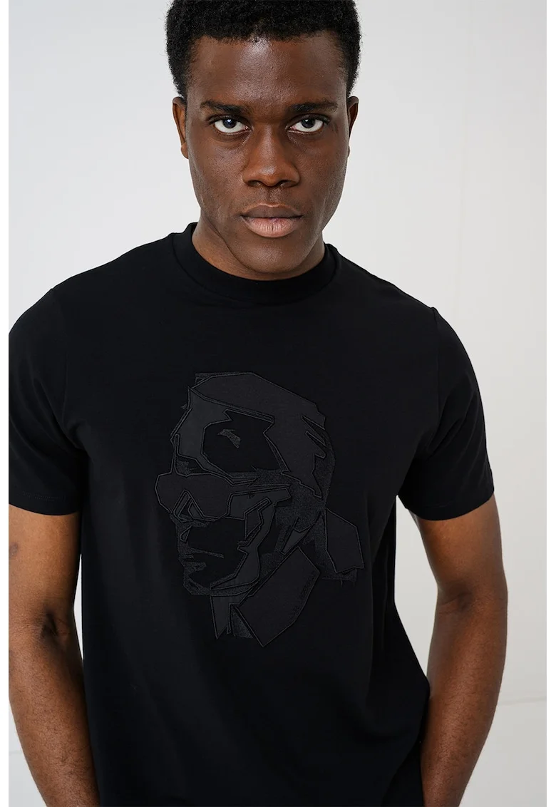 Tricou de bumbac cu logo brodat, Negru