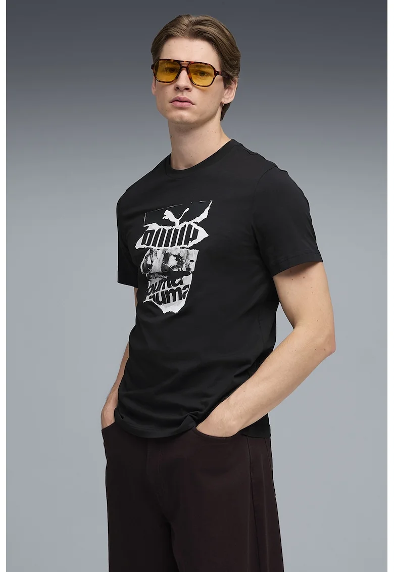 Tricou cu logo si imprimeu foto, Alb/Negru