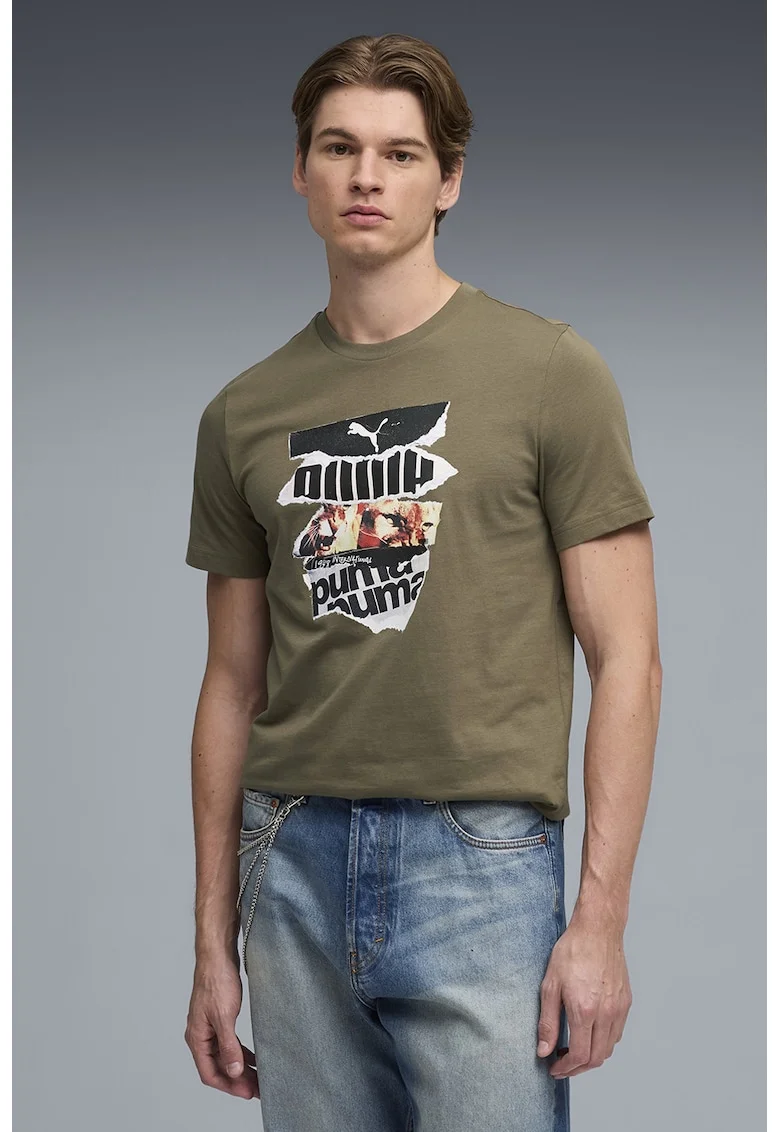 Tricou cu logo si imprimeu foto, Alb/Kaki inchis