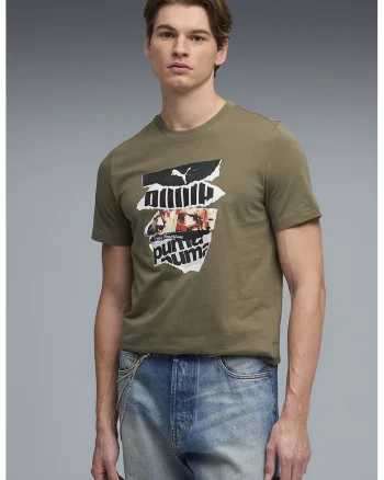 Tricou cu logo si imprimeu foto, Alb/Kaki inchis