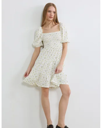 Rochie scurta cu decolteu patrat si segment cu insertie elastica, Alb/Verde/Galben