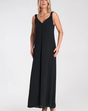 Rochie maxi,  neagra, bretele late, decolteu in V,