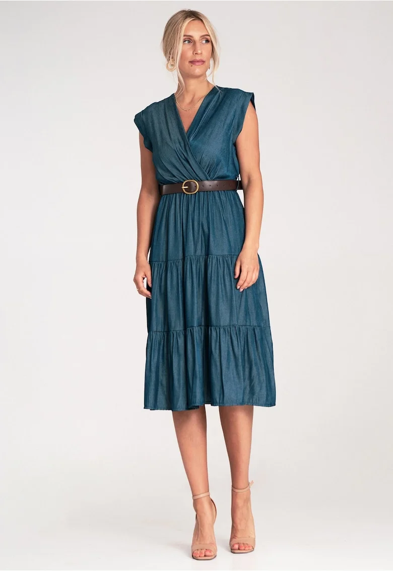 Rochie din denim  albastru, curea decorativa si volane, croiala evazata,