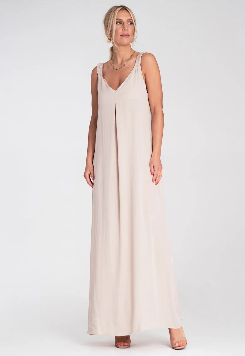 Rochie maxi,  bej, bretele late, decolteu in V,