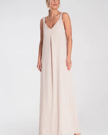 Rochie maxi,  bej, bretele late, decolteu in V,