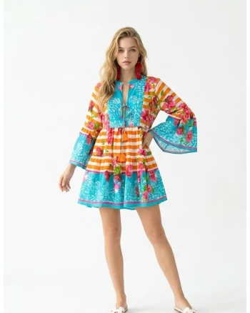Rochie scurta de vara din bumbac cu imprimeu Amalfi, Portocaliu/Multicolor