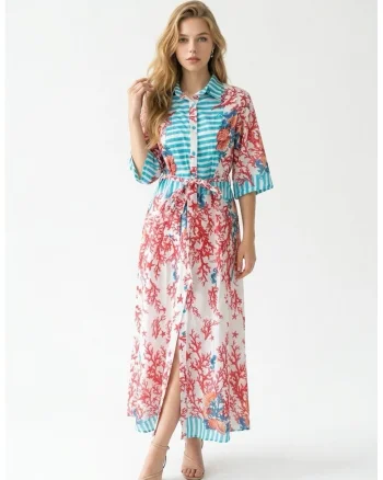 Rochie tip camasa midi de vara din bumbac cu imprimeu multicolor Amalfi, Rosu/Albastru