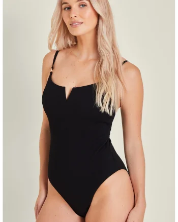 Costum de baie intreg cu model modelator si imprimeu uni, Negru