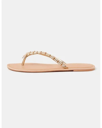 Papuci flip-flop din piele ecologica cu margele, Alb/Crem