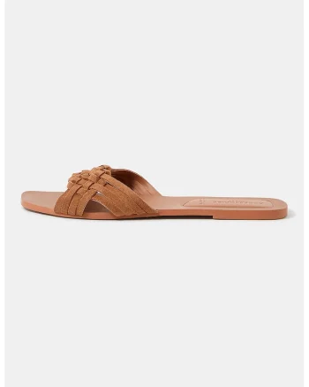 Papuci din piele intoarsa cu aspect tesut, Caramel