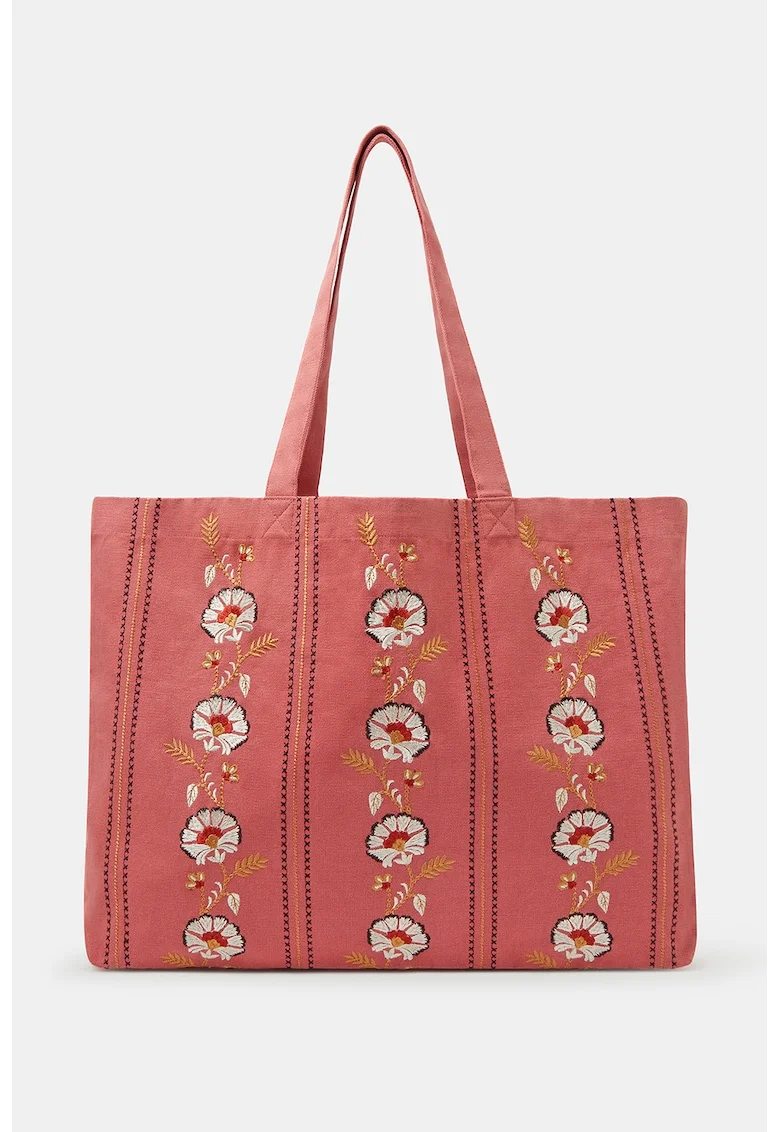 Geanta shopper brodata, Alb/Galben/Rosu stins