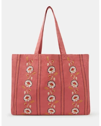 Geanta shopper brodata, Alb/Galben/Rosu stins