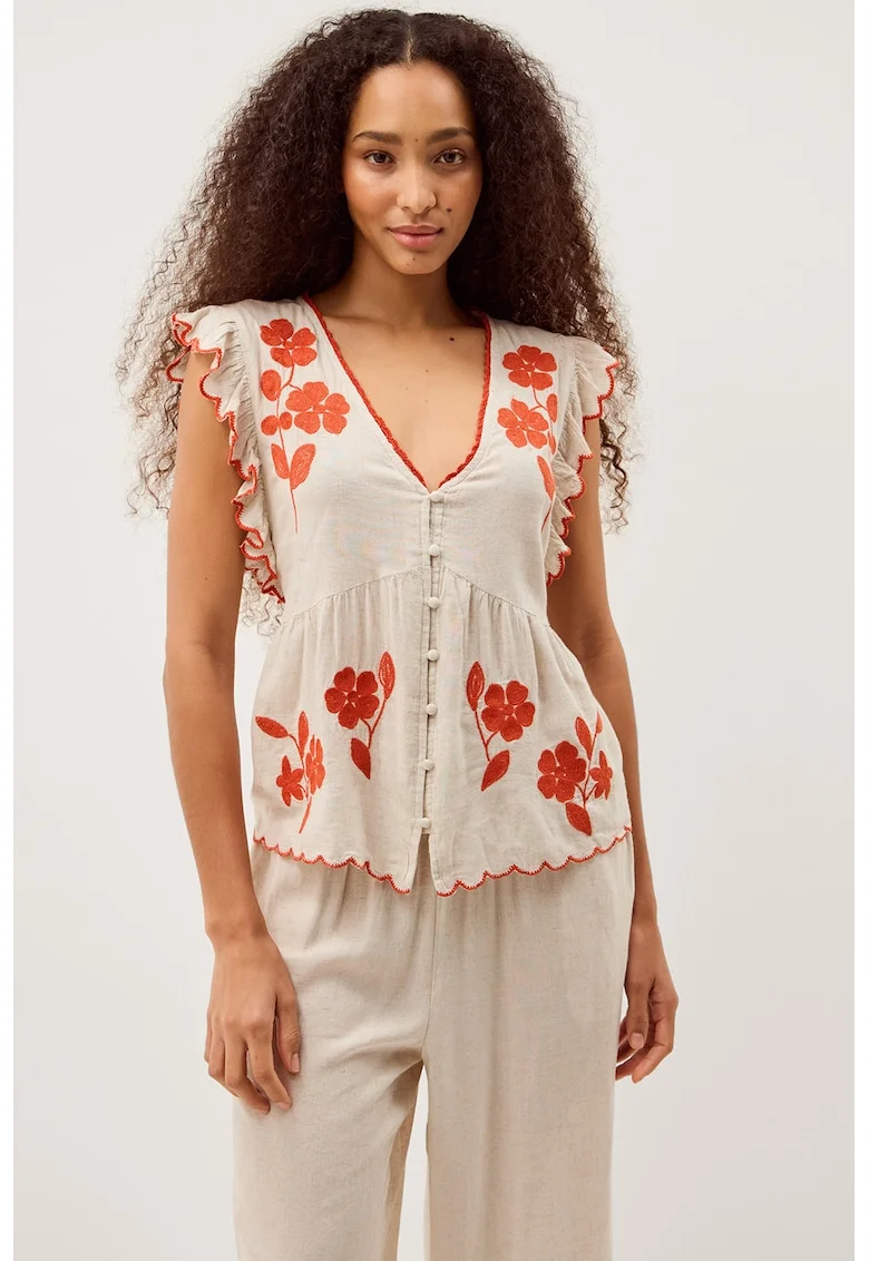 Bluza cu maneci scurte din amestec de in si broderie Rhea, Ecru/Portocaliu mandarina