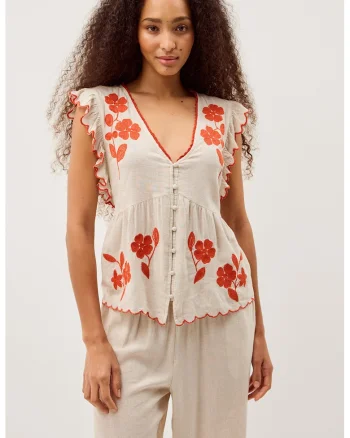 Bluza cu maneci scurte din amestec de in si broderie Rhea, Ecru/Portocaliu mandarina