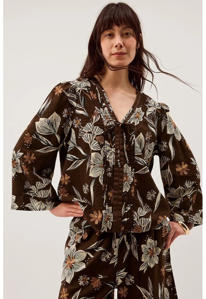 Bluza cu model si decolteu in V, Maro inchis/Alb fildes/Portocaliu