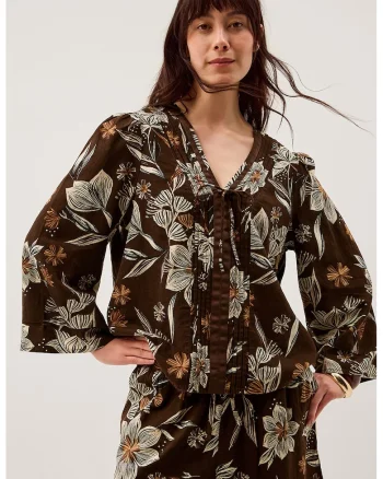 Bluza cu model si decolteu in V, Maro inchis/Alb fildes/Portocaliu