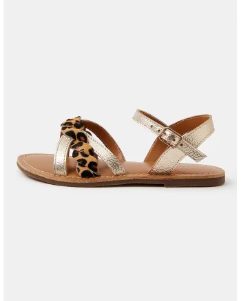 Sandale din piele cu animal print, Auriu/Maro