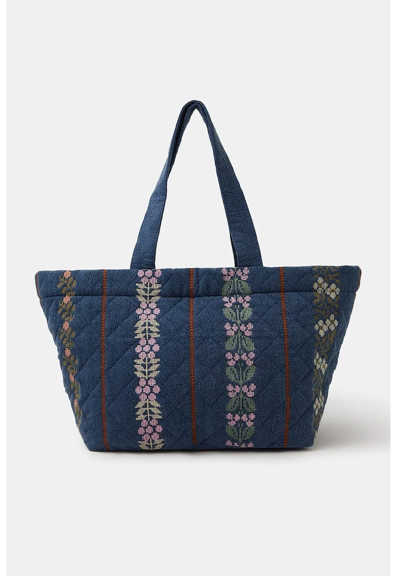 Geanta shopper matlasata de denim cu broderie, Verde/Roz/Bleumarin