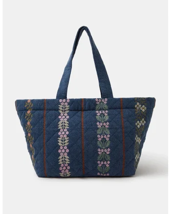 Geanta shopper matlasata de denim cu broderie, Verde/Roz/Bleumarin