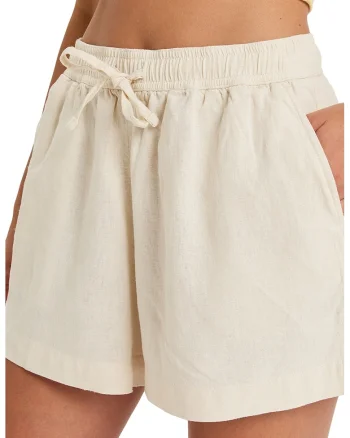 Pantaloni scurti uni de plaja din amestec de in, Alb fildes