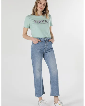 Blugi crop cu talie inalta Laris, Albastru deschis