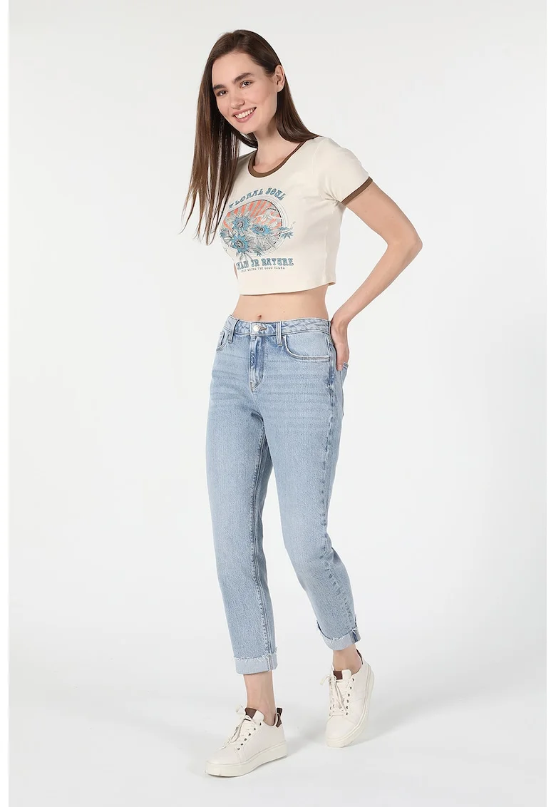 Blugi mom fit cu talie medie, Albastru deschis