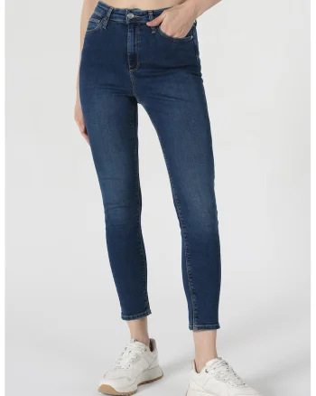 Blugi crop cu talie inalta, Albastru inchis