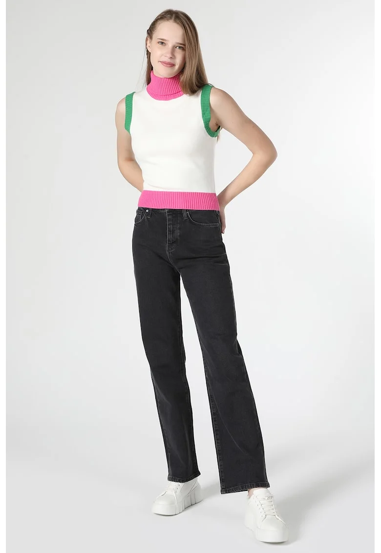 Pulover cu guler inalt si accente colorblock, fara maneci, Alb/Verde/Roz