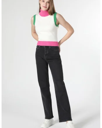Pulover cu guler inalt si accente colorblock, fara maneci, Alb/Verde/Roz