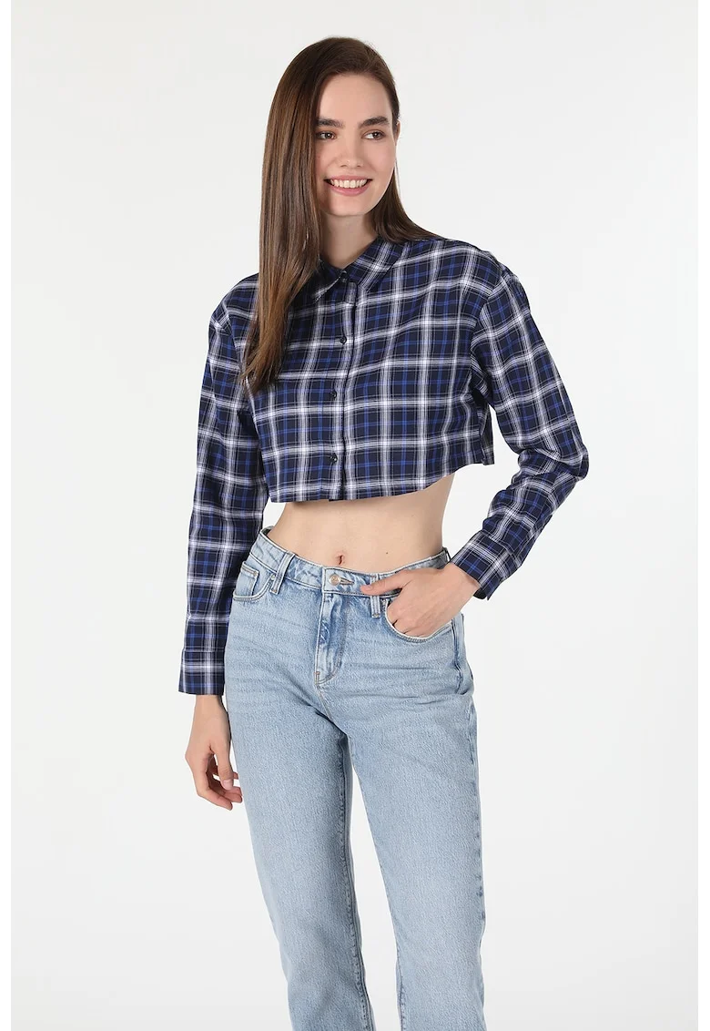 Camasa crop cu model in carouri, Bleumarin