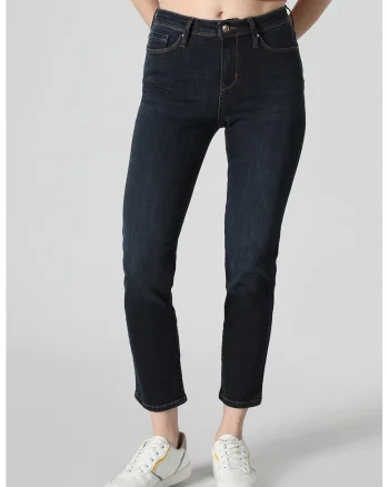 Blugi cu talie medie si cusaturi contrastante, Bleumarin