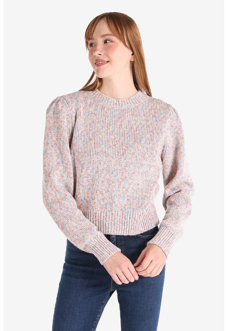 Pulover cu decolteu la baza gatului si maneci bufante, Multicolor