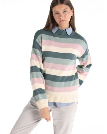 Pulover cu model in dungi si maneci cazute, Verde/Roz/Crem