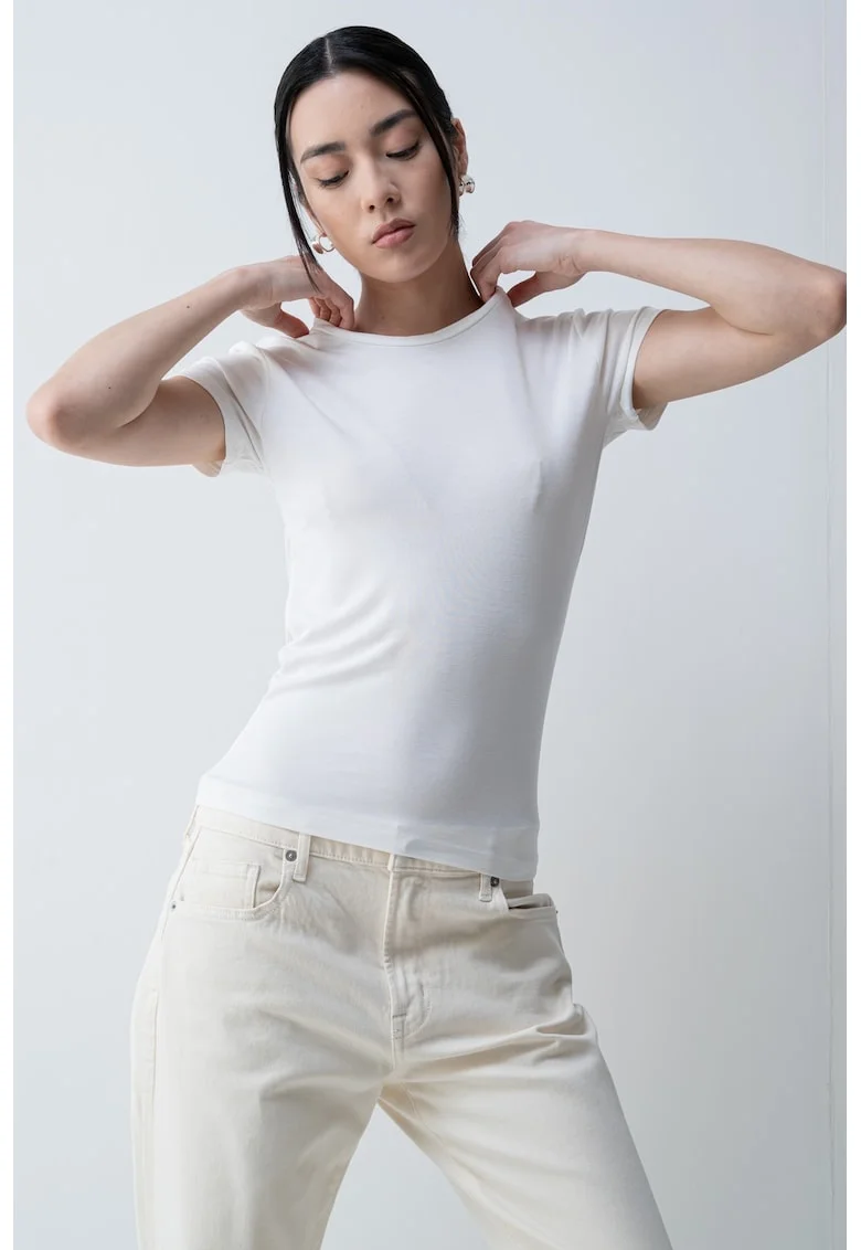 Tricou slim-fit cu decolteu la baza gatului, Alb optic