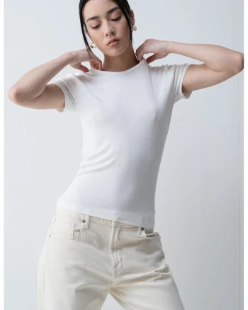 Tricou slim-fit cu decolteu la baza gatului, Alb optic