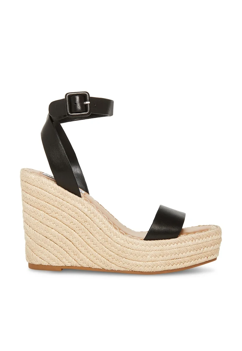 Sandale demi-wedge de piele ecologica, Negru/Bej