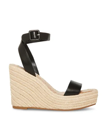Sandale demi-wedge de piele ecologica, Negru/Bej