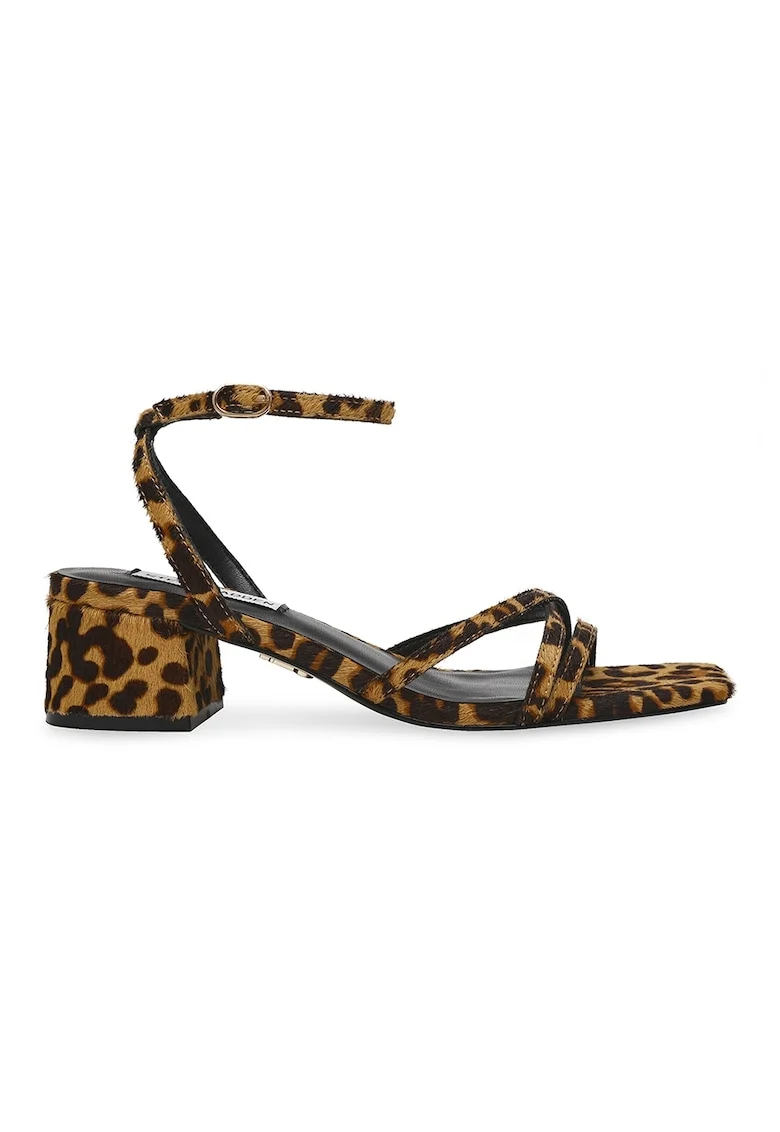 Sandale cu toc masiv si model animal print, Maro inchis/Caramel