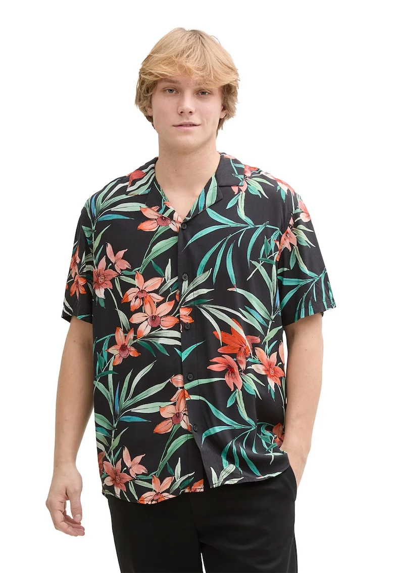 Camasa cu maneci scurte si model tropical, Verde/Negru