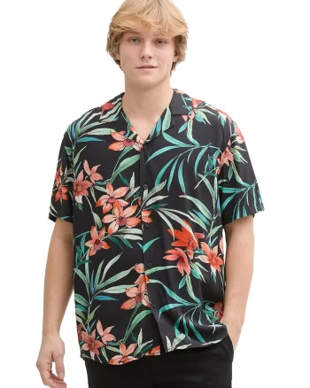 Camasa cu maneci scurte si model tropical, Verde/Negru