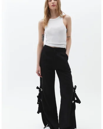 Pantaloni din amestec de lyocell cu funde, Negru