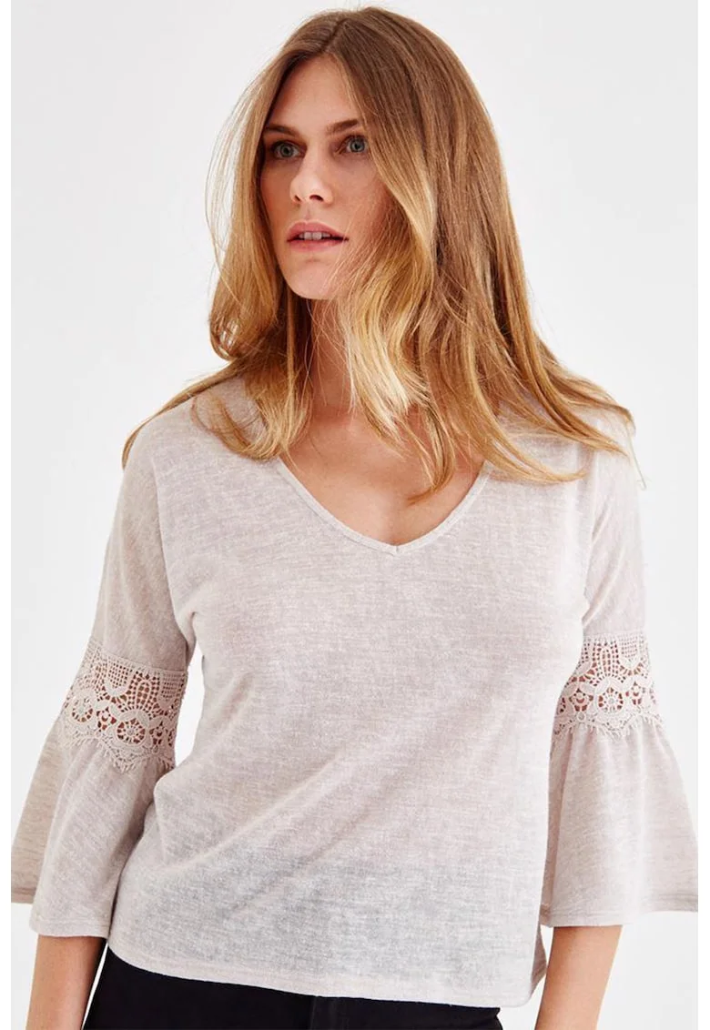 Bluza cu decolteu in V si maneci clopot, Gri deschis