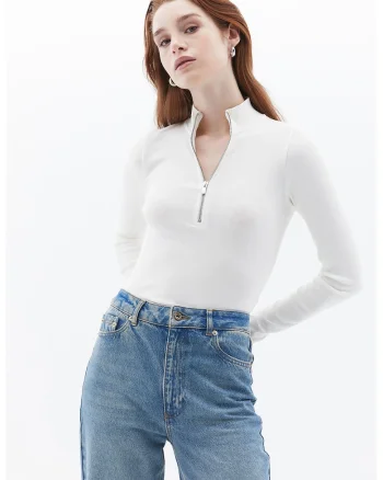 Bluza cu fenta cu fermoar, Alb