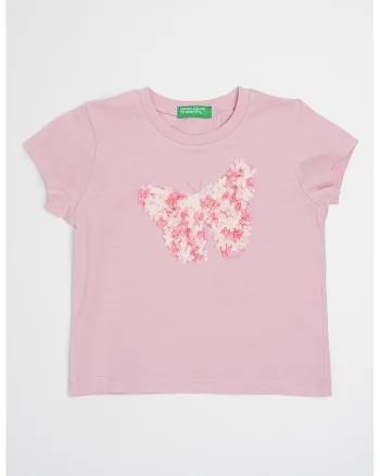 Tricou de bumbac cu decolteu la baza gatului, Alb/Roz