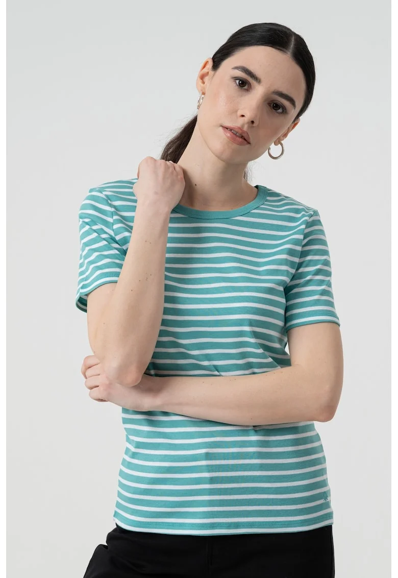 Tricou in dungi cu decolteu la baza gatului, Alb/Turcoaz
