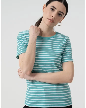 Tricou in dungi cu decolteu la baza gatului, Alb/Turcoaz